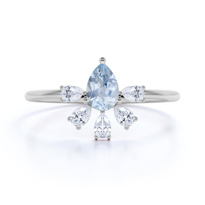 Pear Cut Aquamarine and Marquise Cut Diamond Stacking Ring in White Gold