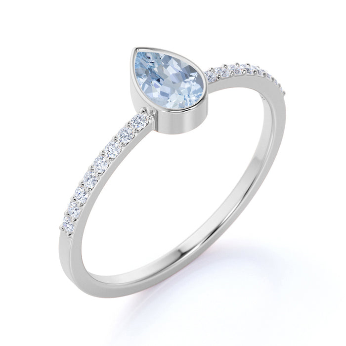 Pear Cut Aquamarine and Pave set Diamonds Promise Ring in White Gold