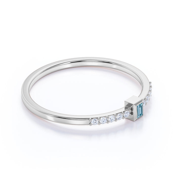 Baguette Cut Aquamarine and Pave set Diamonds Stacking Ring in White Gold