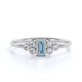 Artdeco Baguette Cut Aquamarine and Round Diamonds Ring in White Gold