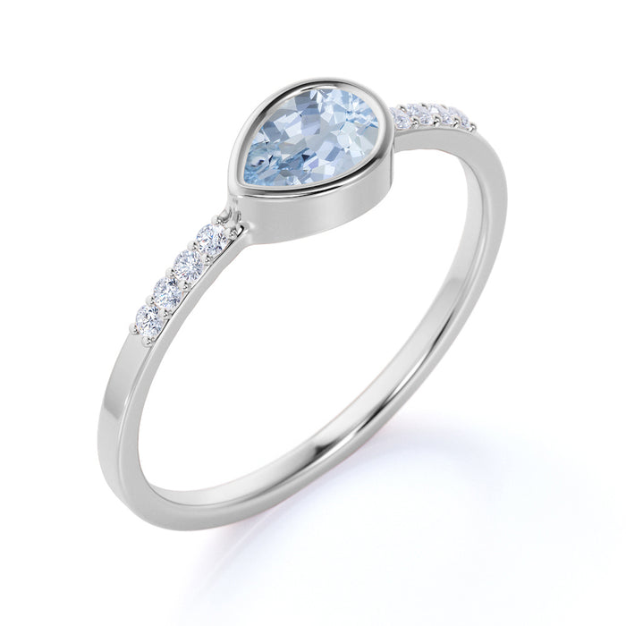 0.51 ct Pear Cut Aquamarine with Pave Set Diamonds Ring in White Gold