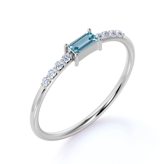 Emerald Cut Dainty Aquamarine and Diamond Ring in White Gold