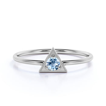 Vintage Solitaire Round Cut  Aquamarine Stacking Ring in  White Gold