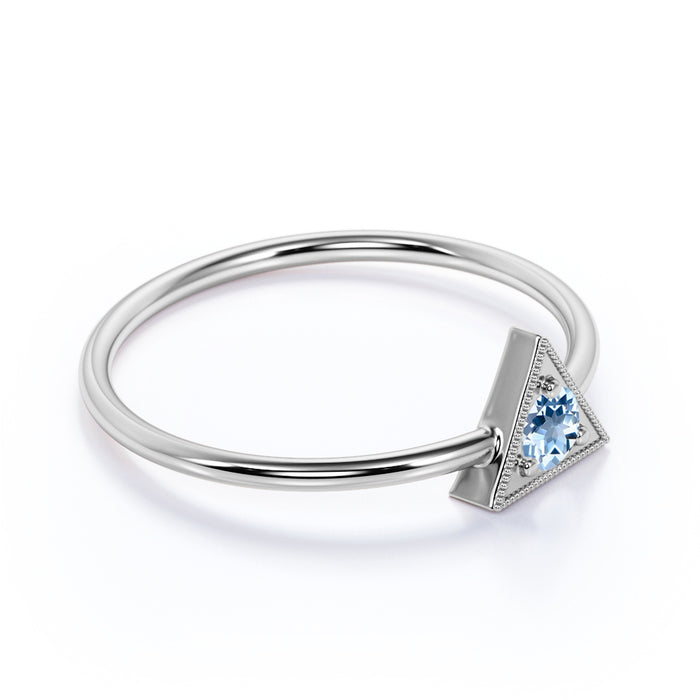 Vintage Solitaire Round Cut  Aquamarine Stacking Ring in  White Gold