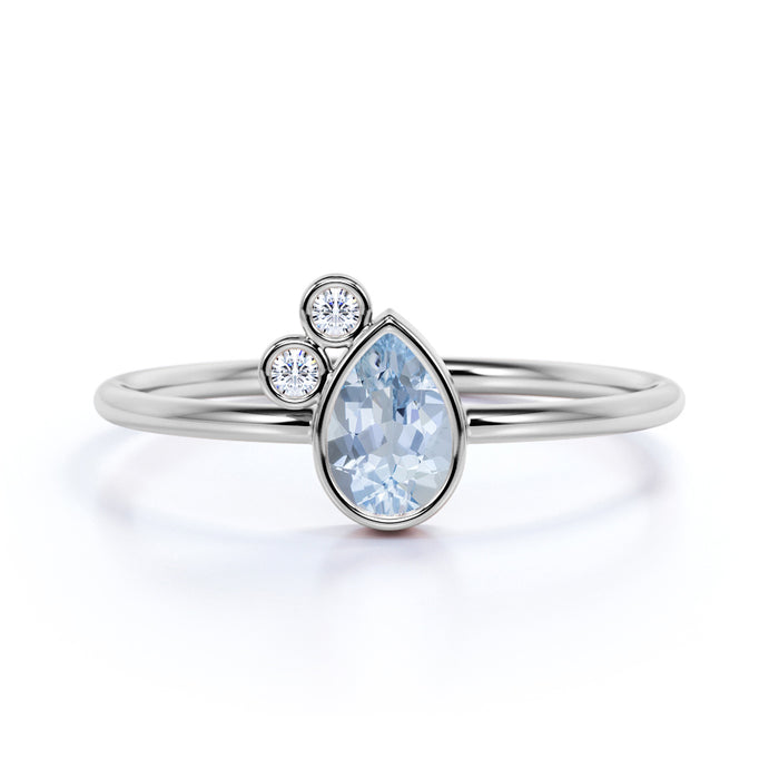 Unique Bezel Set Pear Cut Aquamarine and Diamond Stacking Ring in White Gold
