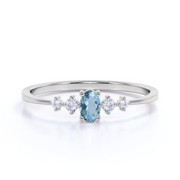 4 Stone Oval Cut Aquamarine and  White Diamond Stacking Ring in White Gold