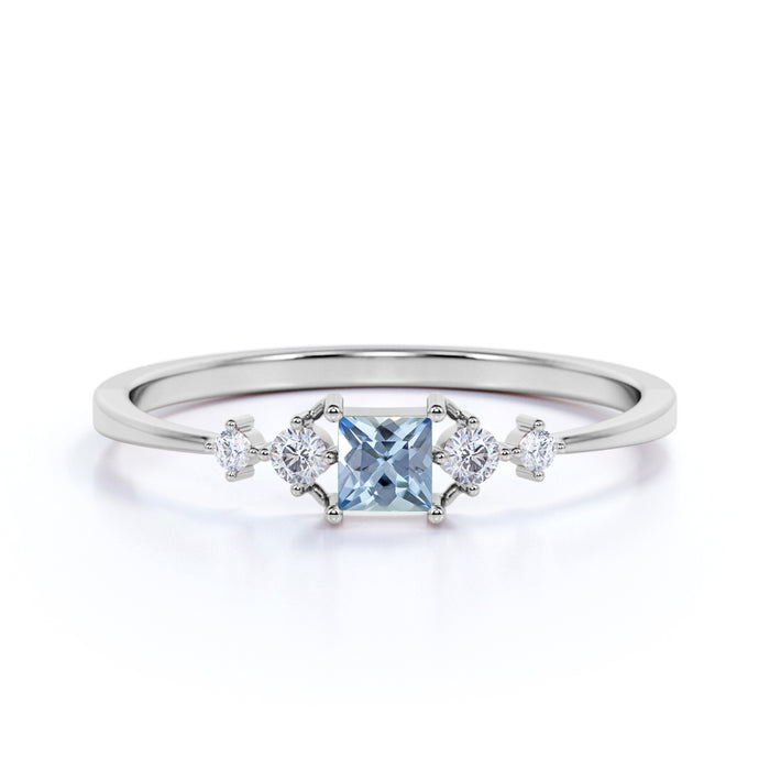 4 Stone Princess Cut Aquamarine and  White Diamond Promise Ring in White Gold