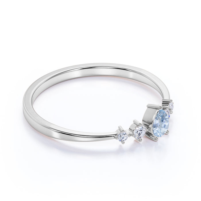 4 Stone Pear Cut Aquamarine and  White Diamond Stacking Ring in White Gold
