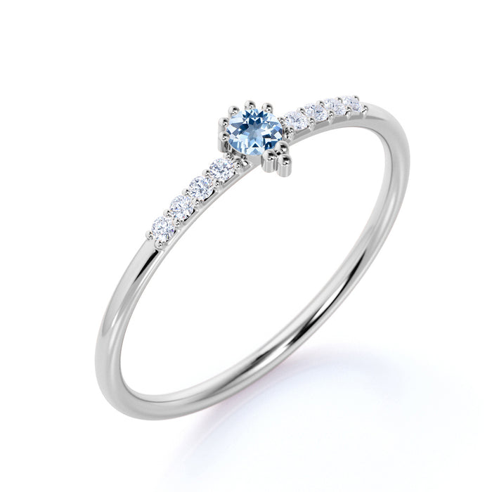 Prong Set Round Cut Aquamarine and Diamond Stacking Ring in White Gold