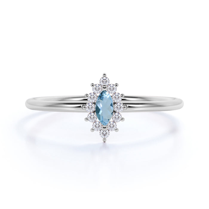 Vintage Halo Set Marquise Cut Aquamarine and Diamond Promise Ring
