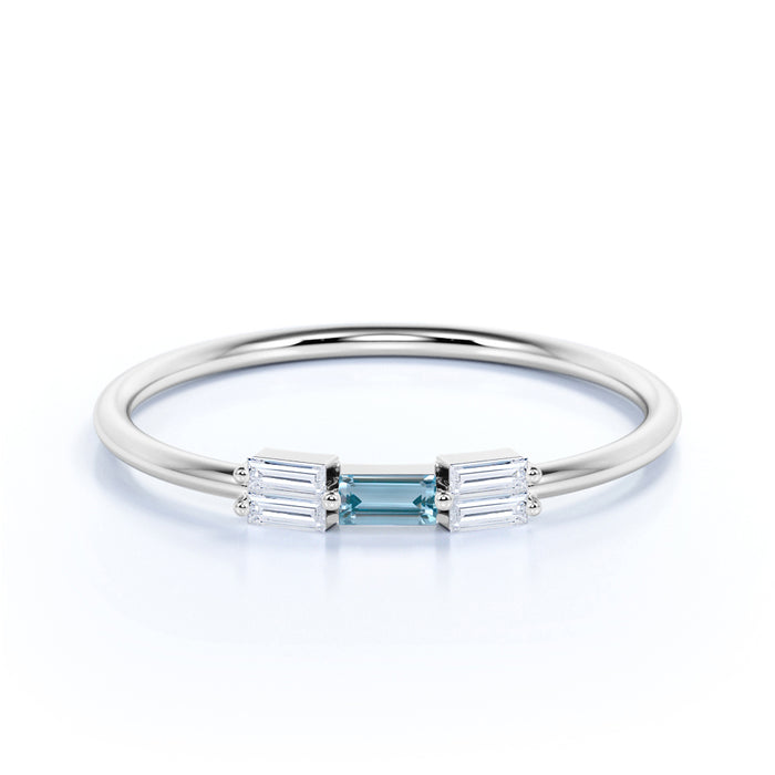 5 Stone Baguette Cut Aquamarine and Diamond Stacking Ring in White Gold