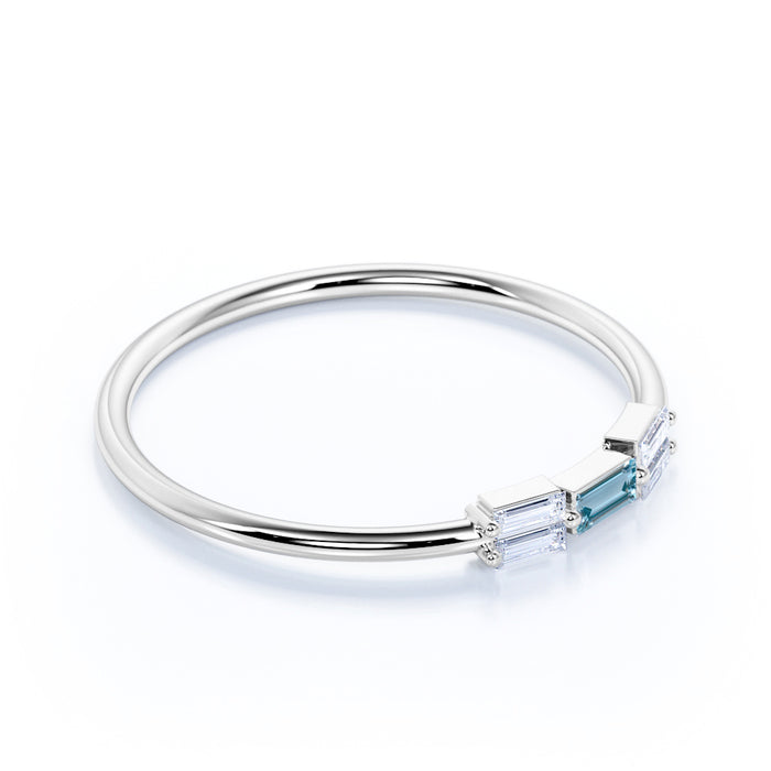 5 Stone Baguette Cut Aquamarine and Diamond Stacking Ring in White Gold
