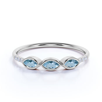 Marquise Cut Aquamarine Trio with Round Diamonds Stacking Ring in White Gold