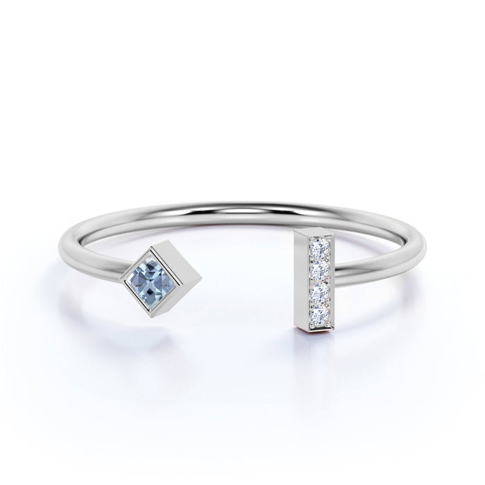 Square Cut Aquamarine and Diamond Adjustable Stacking Ring in White Gold