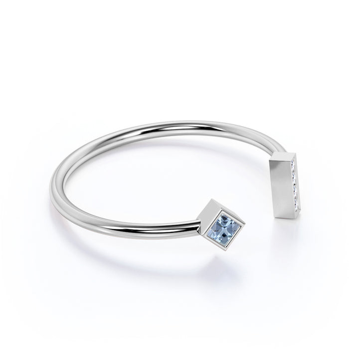 Square Cut Aquamarine and Diamond Adjustable Stacking Ring in White Gold