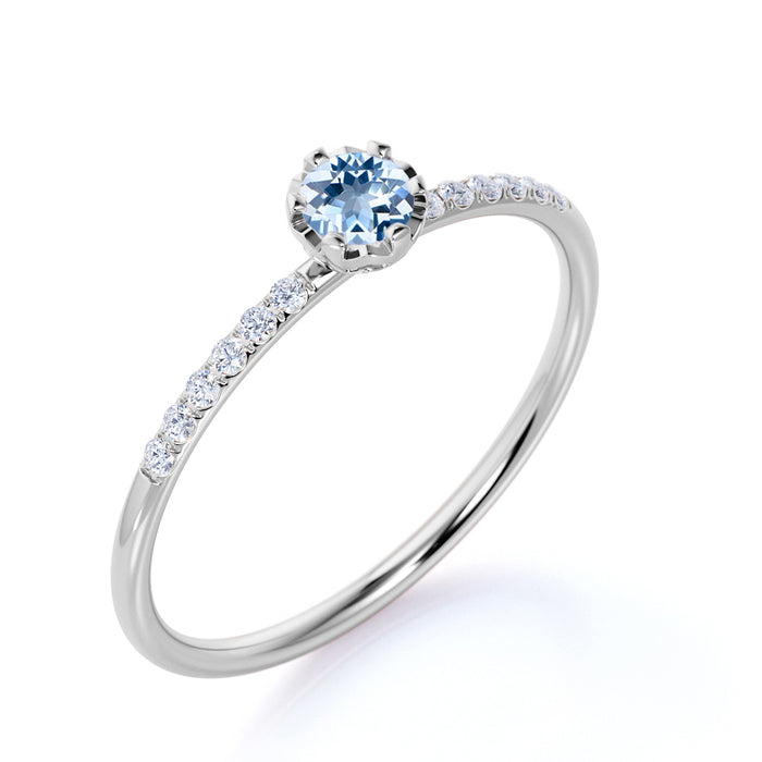 Round Cut Aquamarine with Pave set Diamonds Promise Ring in White Gold