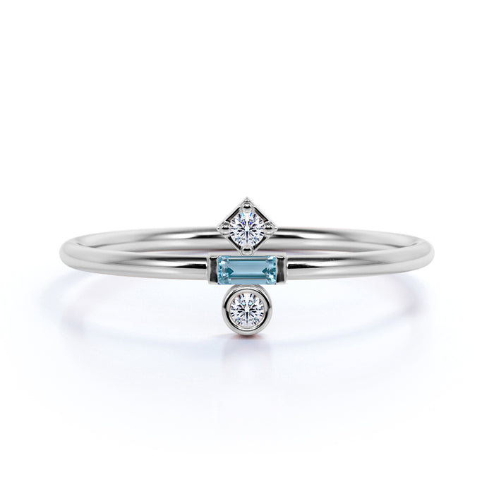 Emerald Cut Aquamarine and Diamond Trilogy Stacking Ring in White Gold