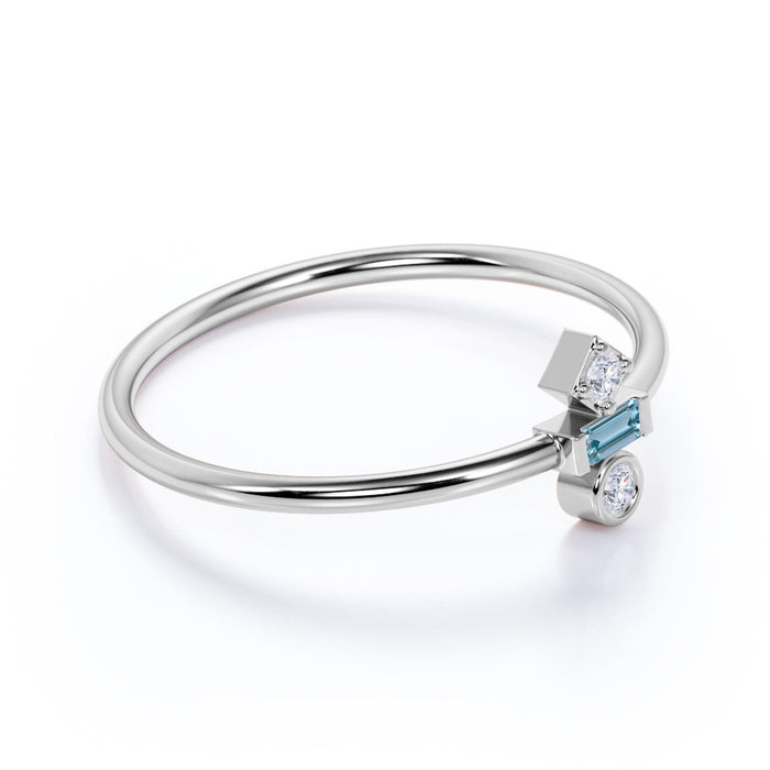 Emerald Cut Aquamarine and Diamond Trilogy Stacking Ring in White Gold