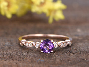 1.25 Carat Round Amethyst and Diamond Milgrain Engagement Ring in Rose Gold