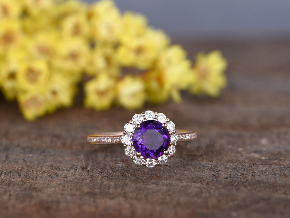 1.50 Carat Round Amethyst Diamond Halo Flower Engagement Ring in Rose Gold