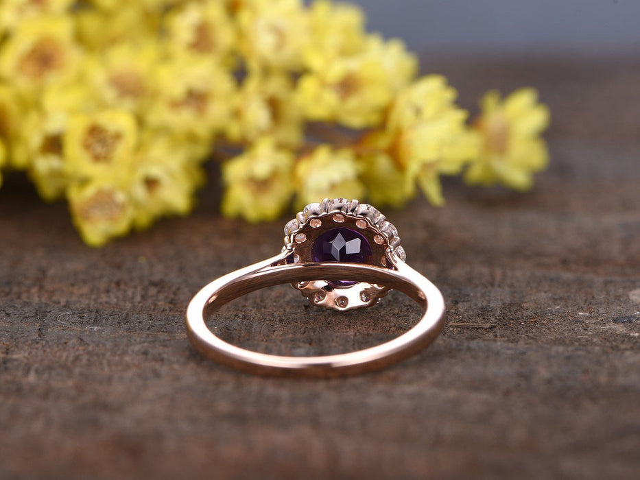 1.50 Carat Round Amethyst Diamond Halo Flower Engagement Ring in Rose Gold