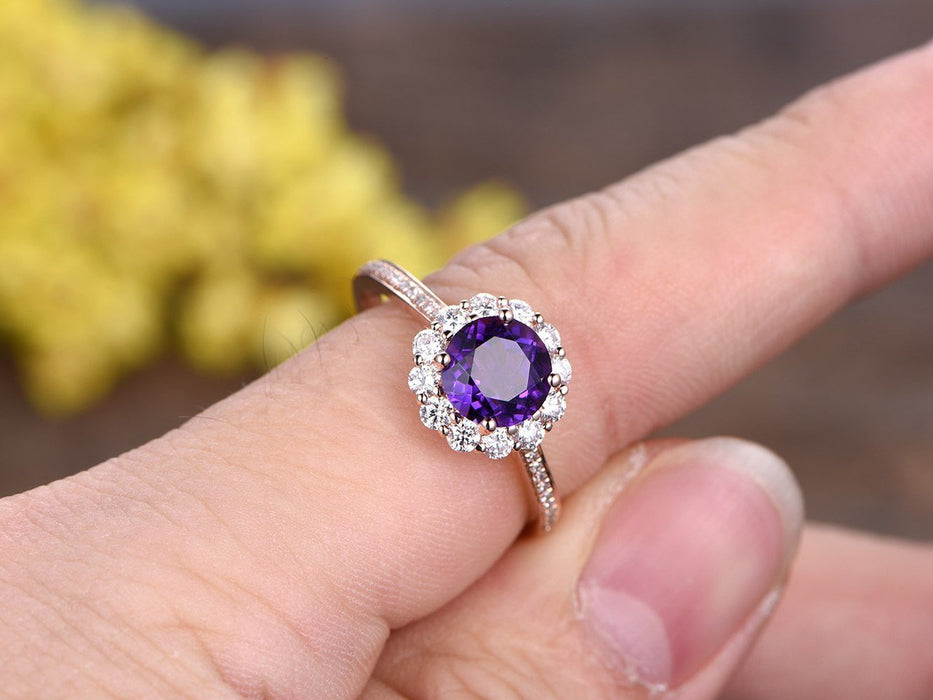 1.50 Carat Round Amethyst Diamond Halo Flower Engagement Ring in Rose Gold