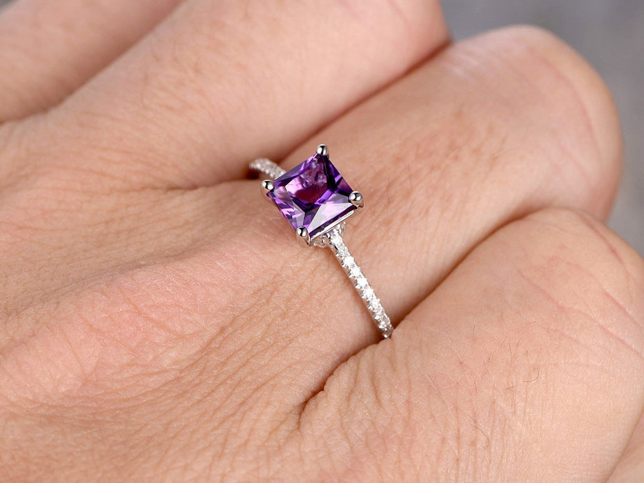 1.25 Carat Princess Purple Amethyst and Diamond Engagement Ring Diamond White Gold