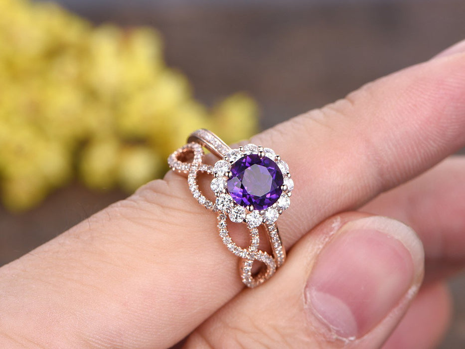 2 Carat Round Amethyst and Diamond Trio Set in Rose Gold Flower Engagement Ring