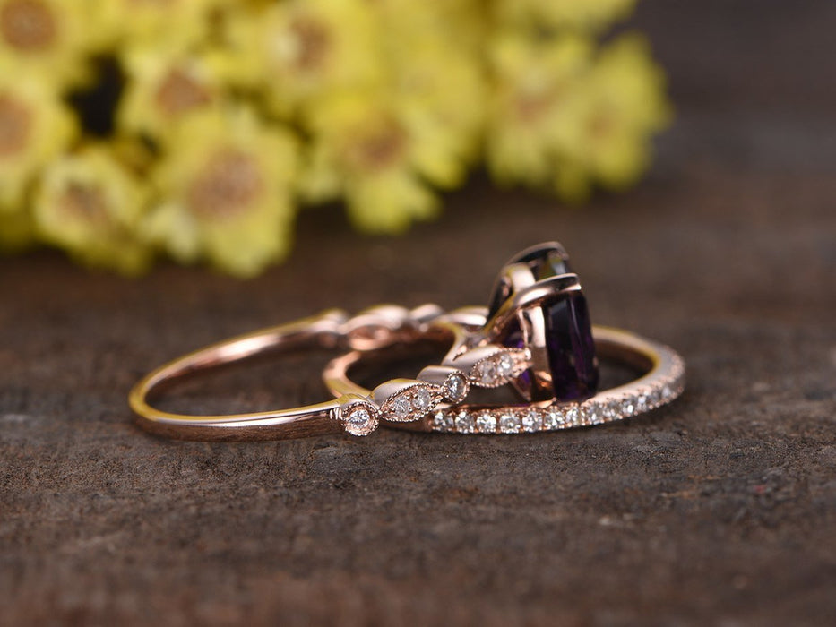 2 Carat Cushion Amethyst and Diamond Antique Half Eternity Stacking Trio Ring Set in Rose Gold