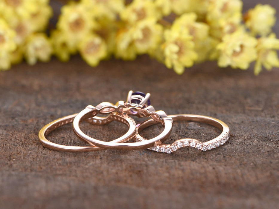 2 Carat Round Amethsyt and Diamond Art Deco Trio Ring Set in Rose Gold