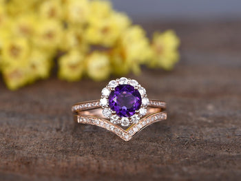 2 Carat Round Amethyst and Diamond Wedding Ring Set Infinity Flower Design for women in Rose Gold