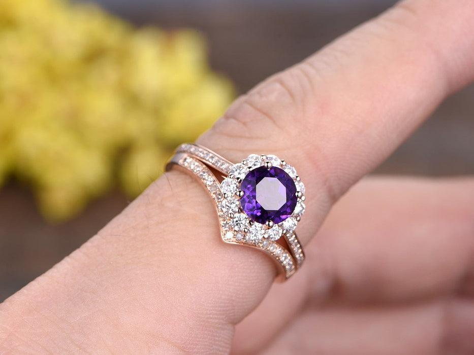 2 Carat Round Amethyst and Diamond Wedding Ring Set Infinity Flower Design for women in Rose Gold