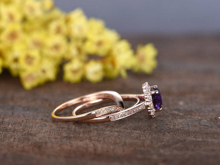 2 Carat Round Amethyst and Diamond Wedding Ring Set Infinity Flower Design for women in Rose Gold