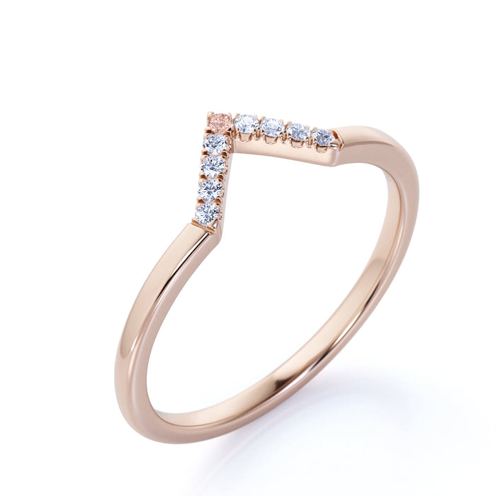 Geometric 0.56 Carat Pave Round Cut Pink Morganite and Diamond Chevron Stacking Wedding Ring Band in Rose Gold