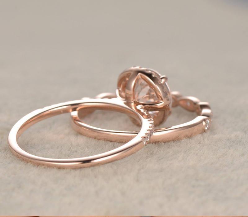 Antique 2 Carat Round Cut Morganite and Diamond Halo Bridal Set in Rose Gold: Bestselling Design