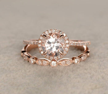 Antique 2 Carat Round Cut Morganite and Diamond Halo Bridal Set in Rose Gold: Bestselling Design
