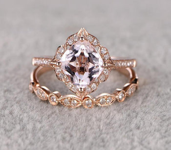 Antique 1.50 Carat Cushion Cut Morganite and Diamond Halo Bridal Set in Rose Gold: Bestselling Design