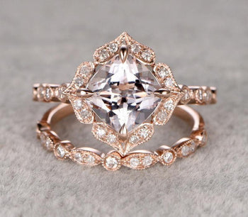 Antique 1.75 Carat Round Cut Morganite and Diamond Halo Bridal Set in Rose Gold: Bestselling Design