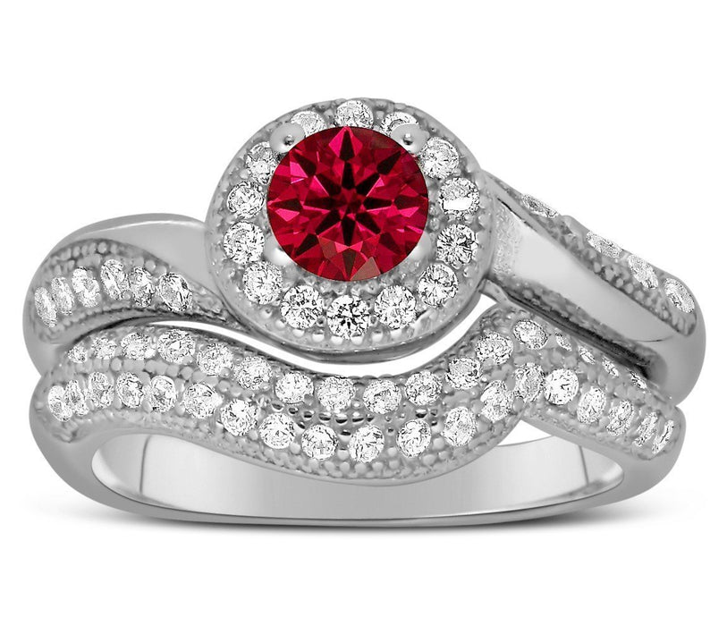 Antique Designer 2 Carat Red Ruby and Diamond Bridal Ring Set for Her in White Gold