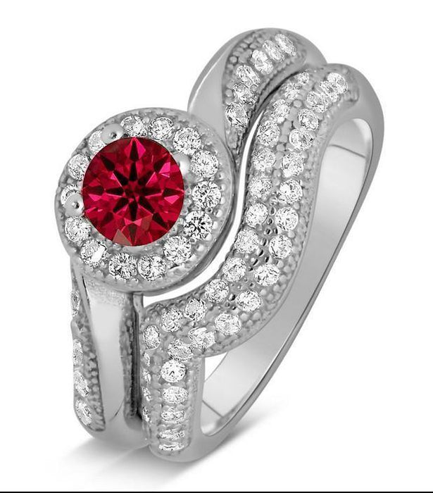 Antique Designer 2 Carat Red Ruby and Diamond Bridal Ring Set for Her in White Gold