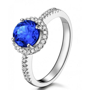 Beautiful 1.25 Carat Round Blue Sapphire and Diamond Halo Engagement Ring