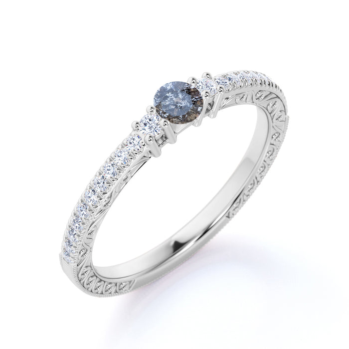 0.65 Carat Round Cut Icy Grey Salt and Pepper Diamond Engraved Engagement Ring in White Gold