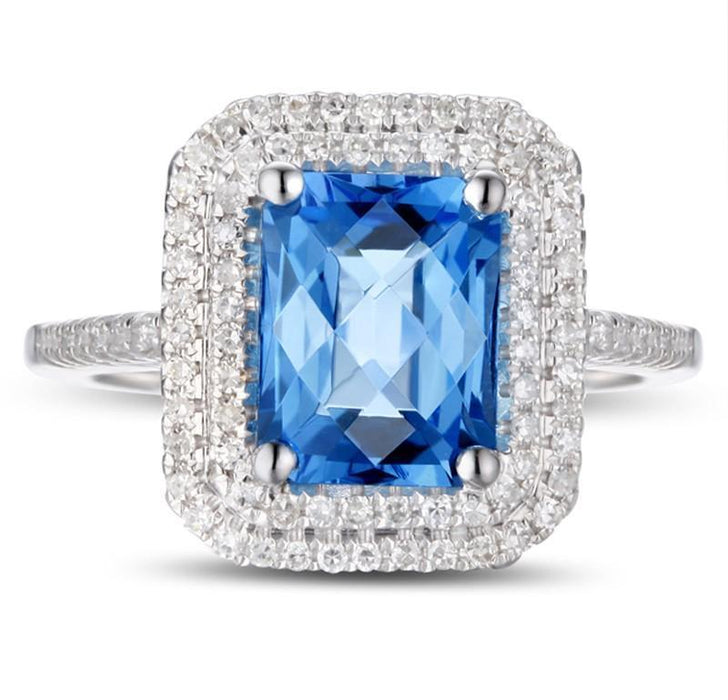 Designer 2 Carat Emerald Cut Sapphire and Diamond Double Halo Engagement Ring