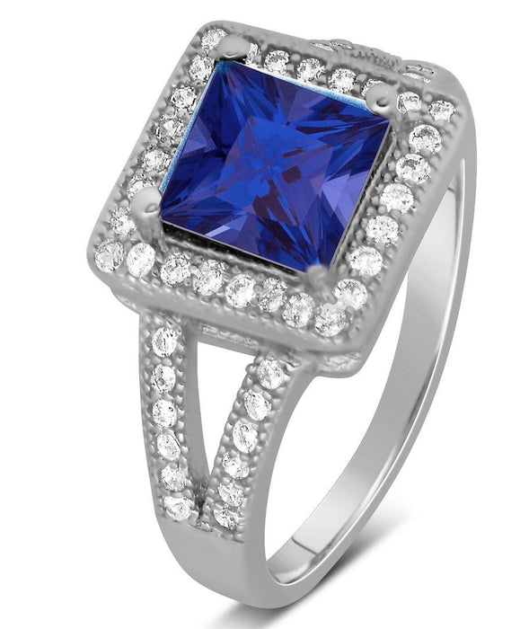 Designer 2 Carat Princess Cut Blue Sapphire and Diamond Halo Engagement Ring