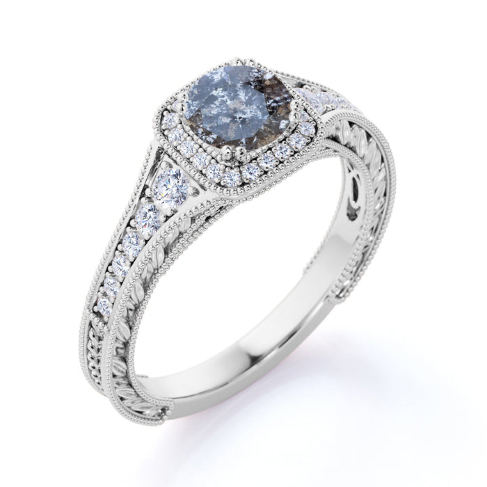 1 Carat Round Brilliant Natural Salt and Pepper Diamond Vintage Inspired Engagement Ring in White Gold