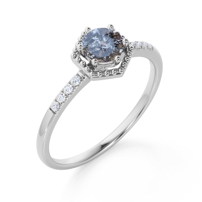 0.65 Carat Round Cut Dark Grey Salt and Pepper Diamond Hexagon Milgrain Engagement Ring in White Gold