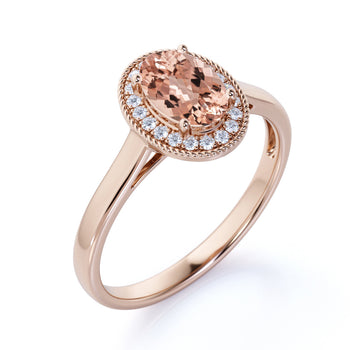 1.25 Carat Halo Oval Cut Morganite & Diamond Solitaire Engagement Ring in Rose Gold