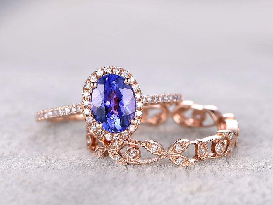 2 Carat Oval Tanzanite Diamond Floral Wedding Ring Set in Rose Gold