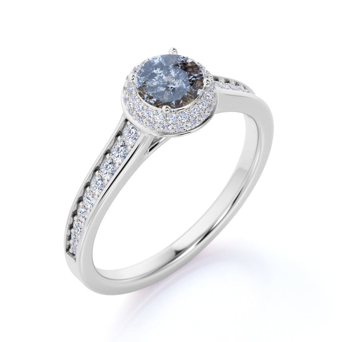 1 Carat Round Brilliant Genuine Salt and Pepper Diamond Graduated Engagement Ring in White Gold