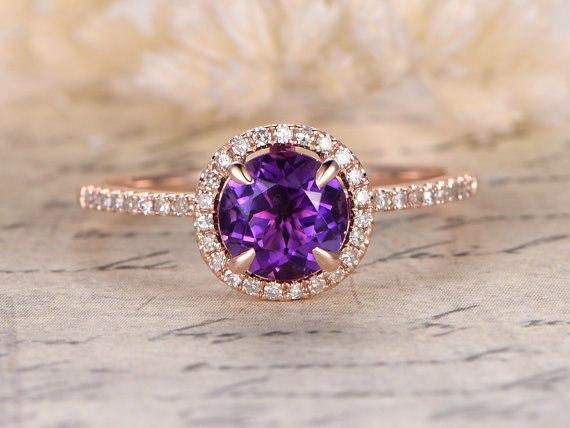 1.25 Carat Round Amethyst and Diamond Halo Migraine Engagement Ring in Rose Gold